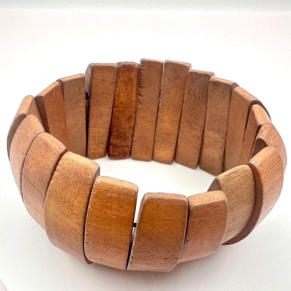 Vintage 80s Wooden Panel Link Bracelet Segmented Chunky Ethnic Cuf Retro Jewelry